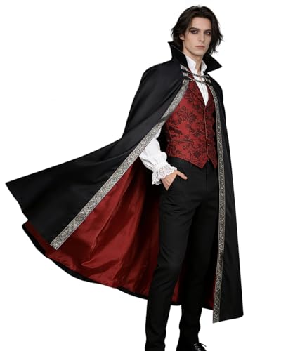 LVOW Medieval Vampire Cloak with Standing Collar Halloween Wizard Cosplay Costume for Women Men (Black&Red)