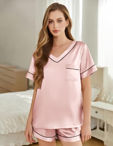 Image of Silk Pajamas for Women Short Sleeve Satin 2 Piece Pj Set Soft V Neck Sleepwear Loungewear, S-XXL