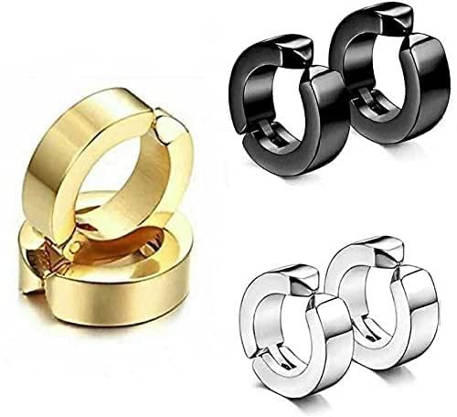 SV Stainless Steel Mens Womens Clip On Earrings Hoop Huggie Non-Piercing 3 Pairs-image-43