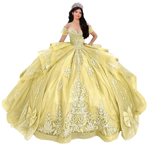Mauuwy Beaded Quinceanera Dress Yellow Tiered Bow Gowns 18Plus Size