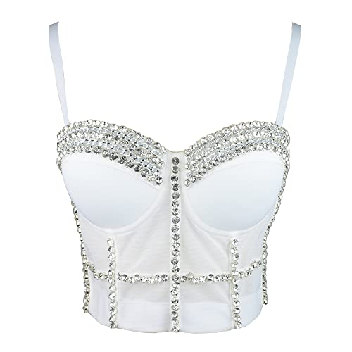 ELLACCI Women's White Diamond Chain Mesh Bustier Crop Top Push Up Corset Top Bralet with Detachable Strap3
