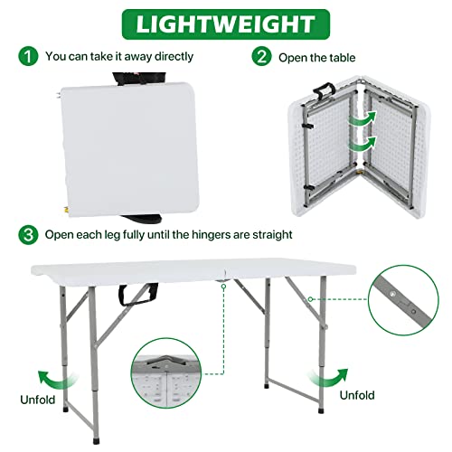 HKLGorg Folding Table, Heavy Duty Plastic Folding Utility Table Indoor Outdoor, Party Dining Table Easy to Assemble with Lock Function (White, 4 FT)