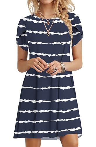 PLOKNRD Summer Dresses for Women UK Elegant Petal Short Sleeve T-Shirt Dress Crew Neck Casual Loose Swing Holiday Beach Dress with Pockets(Navy Wavy Striped,L)