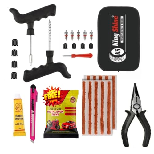 Image of Tubeless Tire Puncher Kit Emergency Flat Tire Repair Patch Puncture Kit for Car, Bike, SUV, & Motorcycle with Bag, Plier and 5Pcs Tyre Valve Stem Core & Tool (with 30 Strip)