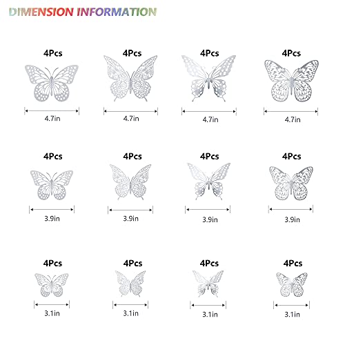 Image of SAOROPEB 3D Butterfly Wall Decor, 48 Pcs 4 Styles 3 Sizes, Removable Metallic Wall Sticker Room Mural Decals for Kids Bedroom Nursery Classroom Party Decoration Wedding Decor DIY Gift (Sliver) | 4 Styles 3 Sizes, Removable Metallic Wall Sticker Mural Decals for Kids Bedroom Nursery Classroom Party Decoration Wedding