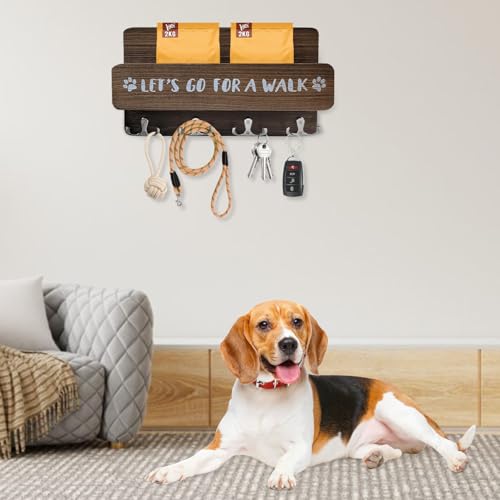 Hunde Schlüsselaufhänger Hunde Schlüsselbrett mit 4 Haken, Hundegarderobe mit Ablage, Hundeleinenhalter Wand, Schlüsselbrett, Hölzerne Hundeleinen Halterung für Flur, Eingangsbereich (Braun)