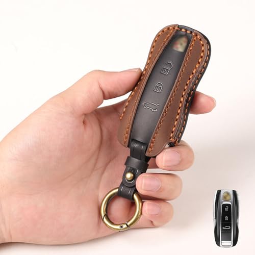 Image of keyzone dual leather key cover for Porsche 911, Cayenne, Panamera, Taycan 3 button smart key
