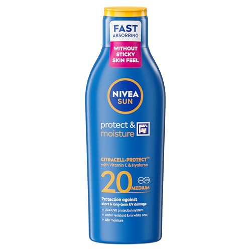 NIVEA SUN Protect & Moisture Sun Lotion SPF 20 (200 ml) Suncream with Vitamin C and Hyaluron Provides 48 Hour Moisture and Immediate UVA/UVB Protection Fast-Absorbing No White Cast Formula