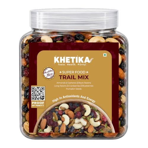 Image of Khetika Trail Mix 450g | 7 Superfood in 1 Mix Jar | Dry Fruits & Seeds Mixed pack, Energy Power Pack Contains Almonds, Cashews, Cranberries,Black Raisins, Long Raisins, Pumpkin Seed, Blueberries