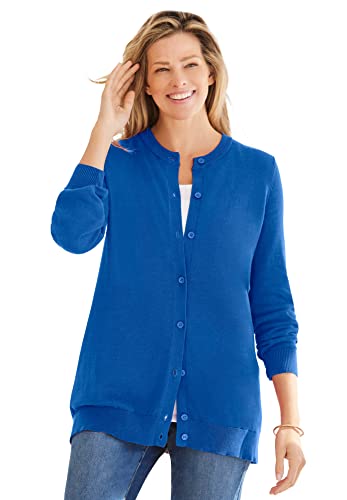 Woman Within Women's Plus Size Perfect Long-Sleeve Cardigan Sweater - L, Navy Flower Embroidery Blue #TOP5