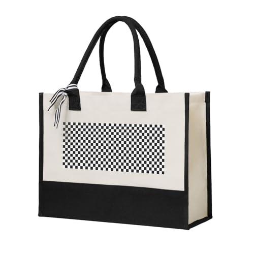 Check Black White Checkered Pattern Checkerboard Eco-Friendly Canvas Tote Bag - Reusable Shopping Bag For Travel, Beach, Gym & Gifts