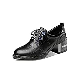 Cierre: cordones TinaCus Zapatos Oxford de piel auténtica hechos a mano con puntera redonda con cordones y tacones gruesos mediados, Negro, 37 EU