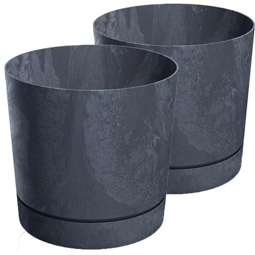 Tymar Blumentopf mit Untersetzer, 2er-Pack, dekorativer Pflanzentopf aus Kunststoff, Moderne, Runde Form, für Innenräume (ø 40 cm, (2pack) BETO Anthrazit)