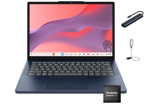 Image of Lenovo IdeaPad Slim 3 Chromebook, 14 inch 2K Touchscreen Laptop, MediaTek Kompanio 540, 4GB DDR5 Memory, 64GB eMMC, Chrome OS, Webcam, Wi-Fi 6E, Cosmic Blue with HEX Accessories