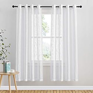 PONY DANCE White Curtains for Bedroom - White Linen Look Net Voile Curtain Thick for Sun Light Filtering Eyelet Top Semi Curtain Panels for French window, 1 Pair, W 52 inch x D 63 inch