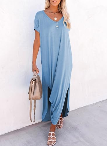 Image of Dokotoo Womens Casual Maxi Dress Summer Dresses Swimsuit Coverups for Women Long T Shirt Dress Short Sleeve Solid Color Sundress Plus Size Blue Dresses XL