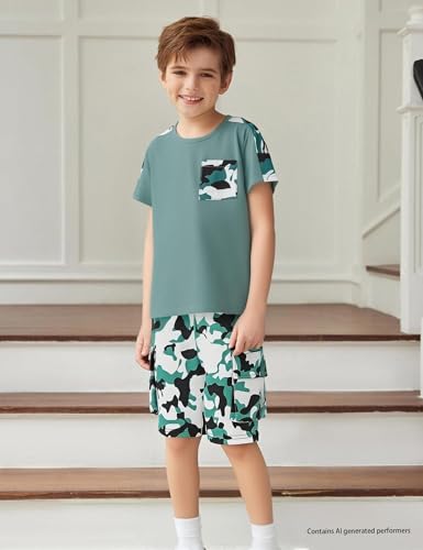 Image of mksodopy Boys Summer Outfit Set 2 Piece T Shirt and Camo Shorts Casual Clothes for Little Big Boys 5-16