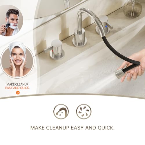 Phiestina Pull Down Sprayer Chrome 8 Inch 3 Hole Bathroom Sink Faucet, 2 Handles Widespread Pull Out Bathroom Faucet,with Metal Pop-Up Drain and Water Supply Line,BF04012-K01-C