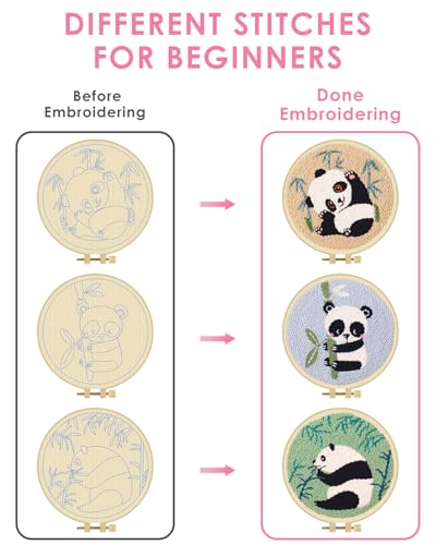 Image of TINDTOP Punch Needle Kits, Panda Punch Embroidery Kits for Adults | 3 Sets, Tool with Punch Needle Fabric, Hoops, Yarns and Sewing Needles