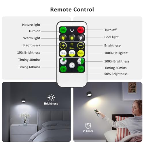 Image of Racokky LED Wall Lights 2 Pcs with Remote, Wall Sconces Lighting 3000mAh Rechargeable Battery Operated, 3 Color Temperatures & Dimmable Magnetic 360 Rotation Cordless Lamp for Bedroom Hallway(Black)