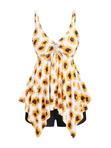 ROSE GAL Rosegal Women Plus Size Modest Tankini Swimsuit Handkerchief Sunflower Cinched Boyleg Swimwer