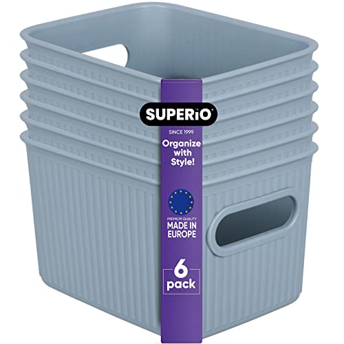 Image of Superio Ribbed Collection - Decorative Plastic Basket Open Home Storage Bins Organizer, Small Blue (6 Pack) Container Boxes for Organizing Closet Storage Bins for Shelves Drawer Shelf 1.5 Liter