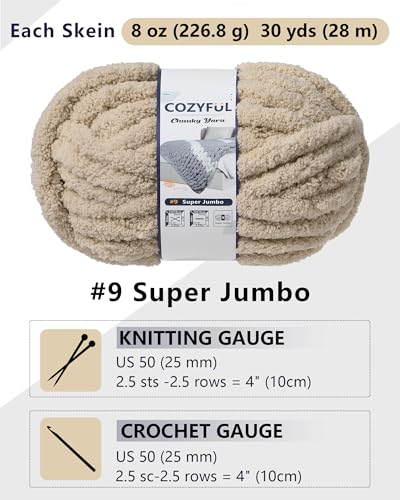 Image of Cozyful Chunky Yarn for Hand Knitting, #9 Thick Jumbo Big Chunky Yarn for Crocheting, Super Chunky Knit Blanket Yarns, Large Chunky Chenille Yarns, 8 Pack (30 yds 8 oz Each Skein), Khaki