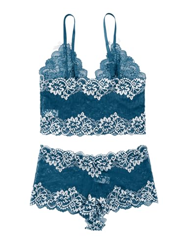 Image of Lilosy Sexy Lingerie for Women Lace Pajamas Set Cami Bra and Panty High Waist Sheer Sleepwear 2 Piece 2XS-6XL