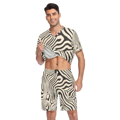 Men's Pajama Set Wave Line Zebra Short Sleeve with Shorts Pockets Sleepwear Set Summer Loungewear3
