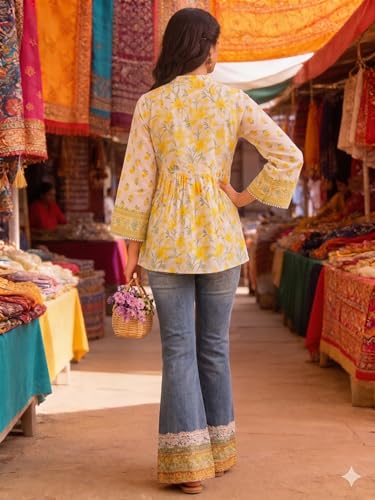 Image of Lymio Women's Printed Short Kurti Top | Rayon Mandarin Collar Casual Ethnic Tunic | Summer Printed Top (K-249)