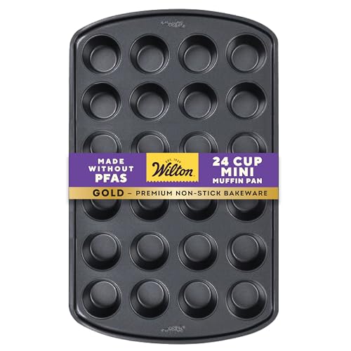 Wilton Gold Non-Stick Bakeware Mini Muffin Pan - Baking Pan for Mini Cupcakes & Muffins - Made Without PFAS - Even Heat Distribution & Scratch Resistant - 16 x 10 x 1 Inch, 24 Cups by Wilton - Used condition - US$16.71