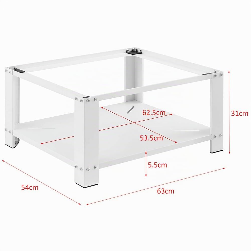 Supporto per Lavatrice e Asciugatrice con Ripiano, Base per Elettrodomestici in Acciaio Capacità 150kg, Basamento con Piedini in Gomma Antiscivolo, Rialzo con Mensola Bianco 31 x 63 x 54 cm