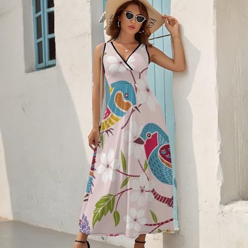 Robe maxi imprimé oiseaux de couleur coupe longue fluide et estivale
