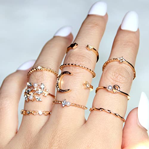 Yesoa 10 Stück Gold Knuckle Rings Set für Frauen Mädchen Schlangenkette Stapelring Vintage Boho Midi Ringe Größe gemischt Boho Ring Set Vintage Strass Perle Stapelringe Damen Schmuck Accessoires Cover