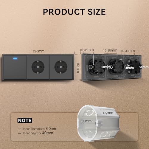 BSEED Lichtschalter mit Steckdose Matt, Schnellladen Steckdosen, Nur Horizontale Montage, C-Serie,1 Fach 1 Weg,220mm Grau