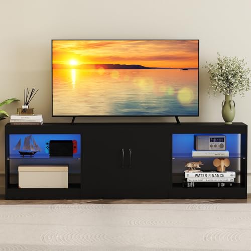 GIANTEX Meuble TV 3 PCS Modulaire, Banc TV 85 Pouces avec Lumières LED, Étagères de Rangement en Verre Réglables, Meuble Tele Moderne pour Chambre, Salon,...