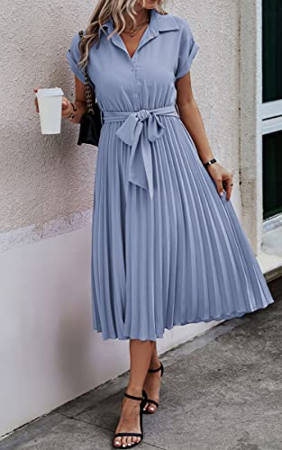 Image of ECOWISH Womens Casual Midi Dresses Solid V Neck Short Sleeve Button Shirt Belted Dress with Pockets for Spring Summer 2026