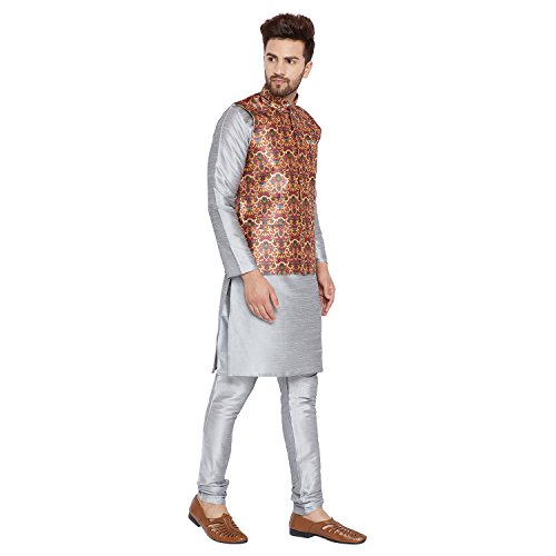 Image of SOJANYA (Since 1958, Men's Silk Grey Kurta Pyjama & Maroon Printed Nehru Jacket Set, Size: XXL(SJR-092-NJacket-Print-515-44)