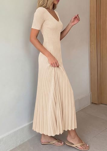 Image of PRETTYGARDEN Women's 2026 Spring Midi Sweater Dresses Elegant Pleated Ribbed Knit Short Sleeve V Neck A Line Summer Outfits