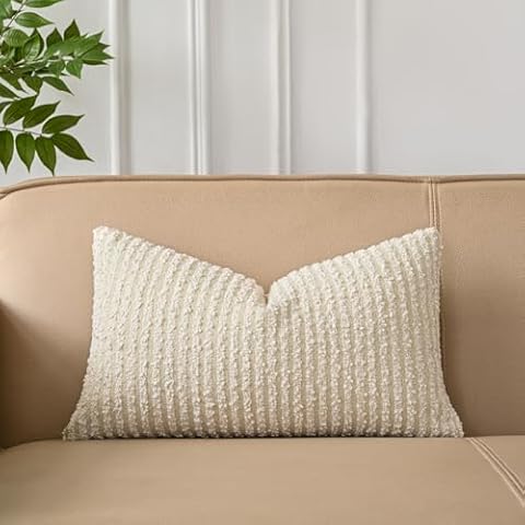 Sanmetex Lumbar Pillow Covers 12x20 Inches, Textured Boucle Decorative Rectangle Pillows Covers, Striped Neutral Pillowcase Rectangular Cushion Cover Beige. Cover