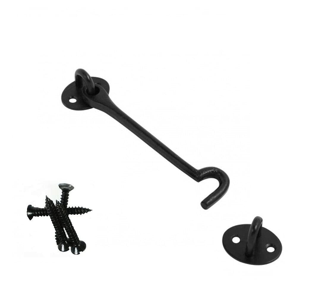 SISI UK® Cabin Hook Black,Hook and Eye Latch, Black Cabin Hook and Eye,Metal Door Hook, Latch Heavy Duty Cabinet Latches for Door Gate Window Closet Shed, Gate Latches, Gate Hook (200mm)