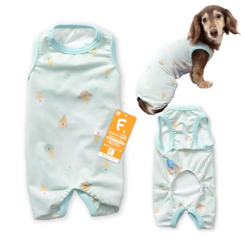 小型犬 接触冷感 バラエティ柄 ツルツル素材 つなぎ ロンパース 犬の服 フルオブビガー 57/アイスブルー NS