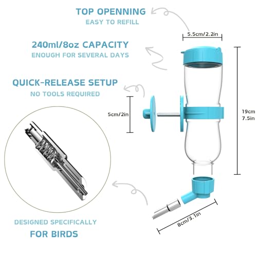 Bird Water Feeder, Automatic Water Dispenser for Cage Hanging Water Bottle for Parakeet Canary Cockatiel Finch Budgie (Blue, 240ml) - Image 2