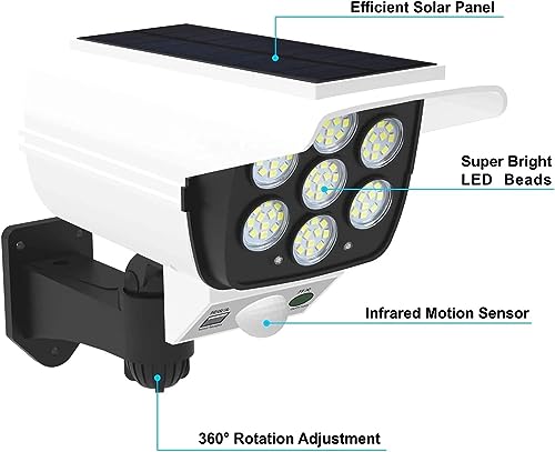 Image of MIRADH Outdoor Motion Sensor Solar Lights 2000 Lumens 77 LEDs Spotlight with Remote Controller IP66 Waterproof Wireless Dummy Decoy Fake Security Camera Light