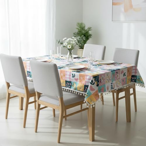 Image of LORETO - A QUALITY LINEN BRAND 100% Pure Cotton Table Cover with Boho Tassels (48 x 48 Inch) - Square Tablecloth for Square Dining Table, Pastel Garden on White Grid