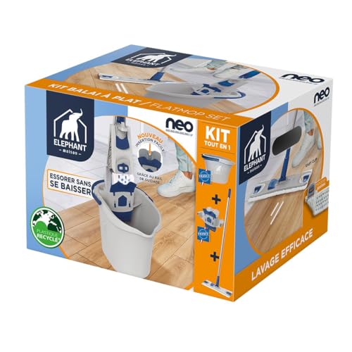 ÉLÉPHANT Maison - Kit Neo - Balai à Plat avec Housse & Essoreur - Nettoyage Facile sans Se Mouiller Les Mains, Maniable & Passe-Partout, Système Easy Clip...