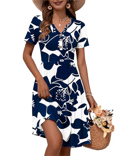 Image of WNEEDU Women V Neck Button Down Empire Waist Midi Summer Dress with Pockets