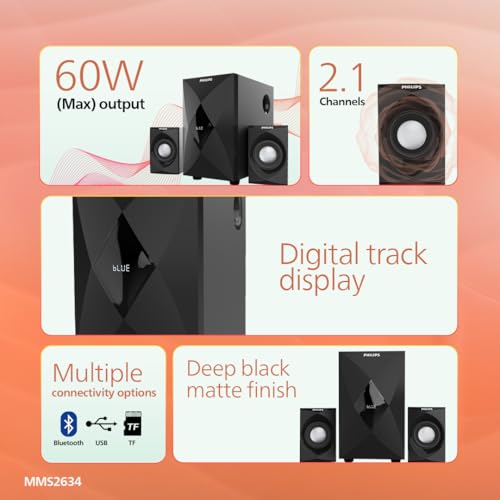 Image of Philips Audio 2.1 CH 60W Multimedia Speaker System with Bluetooth 5.3, USB,AUX,FM Radio,LED Display, Remote Controlled, 10.16cm Subwoofer, Wide Compatibility-MP3 Player,TV, PC (MMS2634 /94-Deep Black)