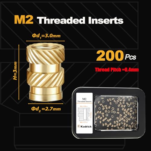 Image of Kadrick 200Pcs M2 Threaded Inserts for 3D Printing Components,M2*3 * 3 Metric Brass Knurled Nuts, Insert by Heat into Plastic Parts