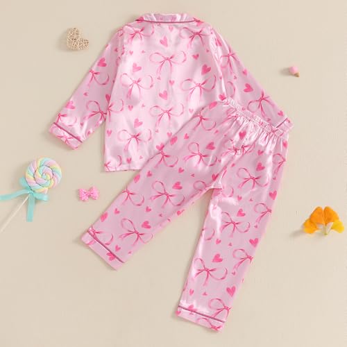 Baby Girls Satin Pajama Set Cute Long Sleeve Lapel Button Up Heart Print Shirt Long Pants Toddler Sleepwear4